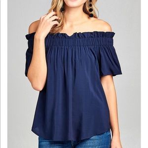 Off Shoulder Elastic Bubble Hem Challis Woven Top